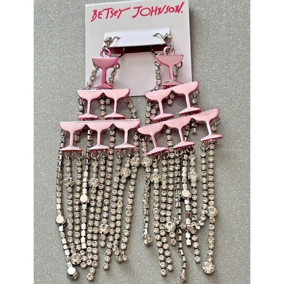 Betsey Johnson Statement Crystal Champagne Tower Waterfall Chain Fringe Earrings - Picture 4 of 4